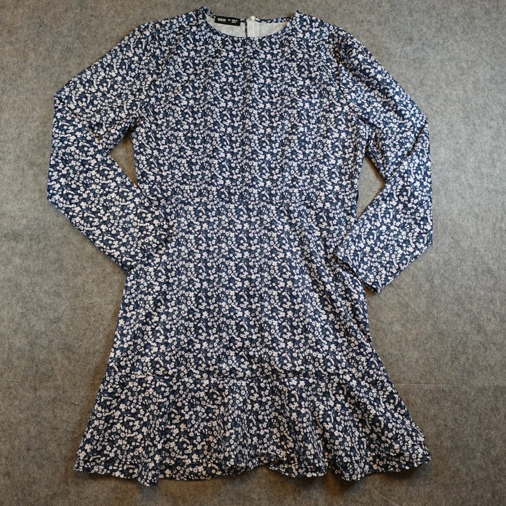 BloomChic Dress Women 0XL Navy Blue Floral Long Sleeve Ruffle Hem Fit and Flare